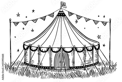 Retro circus marquee tent with flag hand drawn ink sketch. Engraving style vector illustration