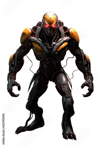 menacing futuristic cyborg, robot, humanoid war machine. futuristic black and orange suite. glowing red eyes. 