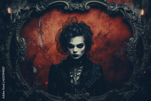 illustration portrait of a vampire in a frame on a dark background for Halloween