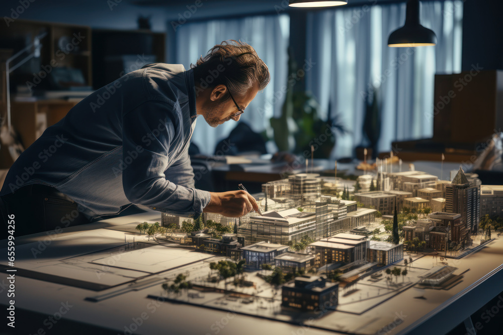 An architect meticulously drawing building plans on a drafting table. Concept of architectural design. Generative Ai. An architect meticulously drawing building plans on a drafting table. Concept of architectural design. Generative Ai.