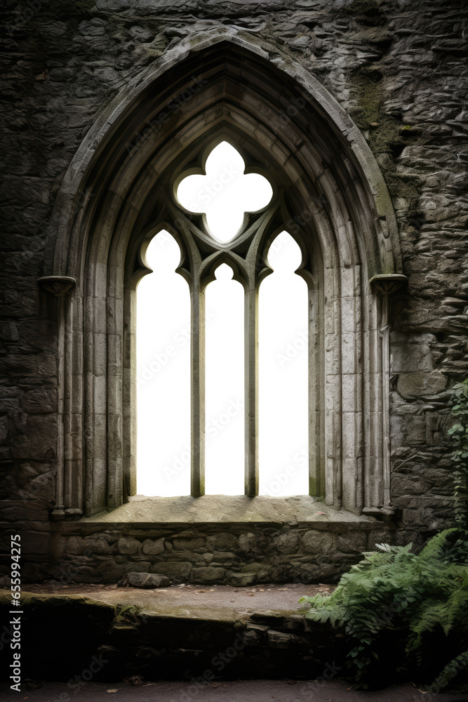 a catedral, church, palace, castle Gothic arch stone medieval window. Brick, stone wall. Isolated transparent background. - obrazy, fototapety, plakaty 