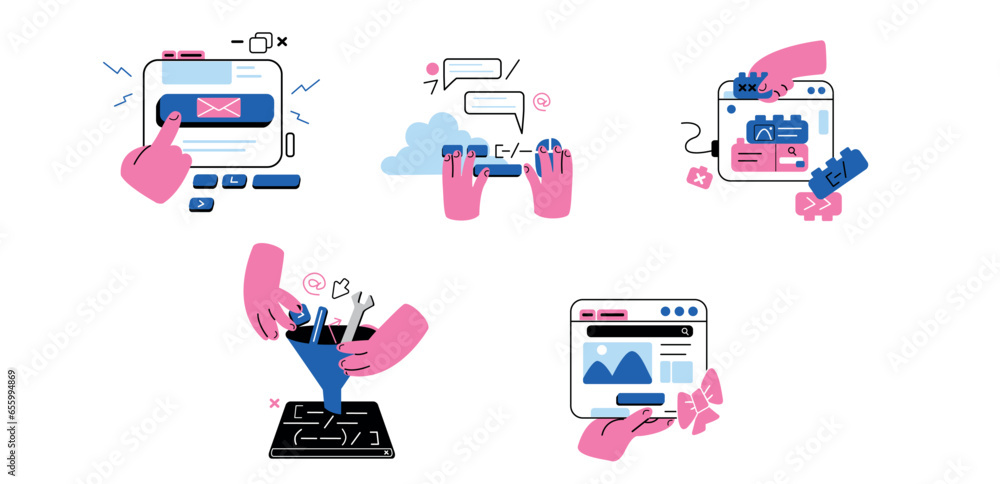 Web development illustrations. Collection of scenes with person involved in software, web, ux and ui development. Minimalist and modern vector style