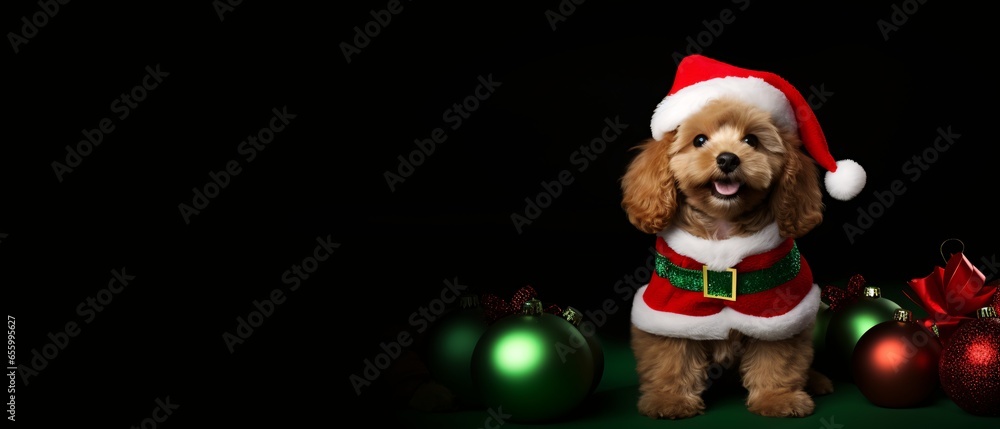 Adorable Christmas Pup: Festive Canine in Costume, Isolated on Black Background, Perfect for Adding Text and Holiday Greetings