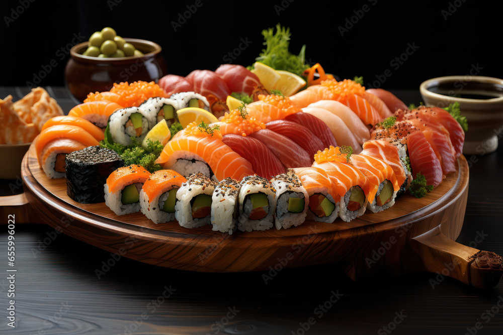 Sushi rolls meticulously arranged on a wooden platter, showcasing the artistry of Japanese cuisine. Concept of sushi craftsmanship. Generative Ai. Sushi rolls meticulously arranged on a wooden platter, showcasing the artistry of Japanese cuisine. Concept of sushi craftsmanship. Generative Ai.