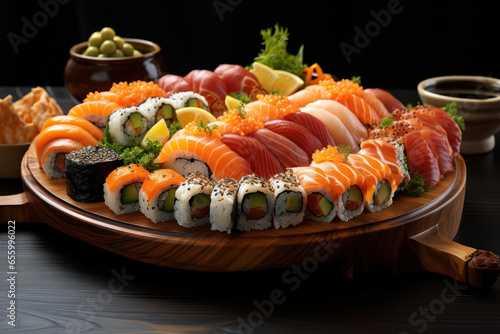 Sushi rolls meticulously arranged on a wooden platter, showcasing the artistry of Japanese cuisine. Concept of sushi craftsmanship. Generative Ai.