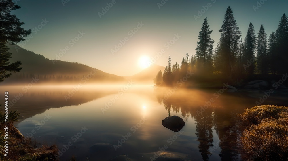 Fototapeta premium Free Photo of A breathtaking sunrise over a serene mountain lake, with mist rising from the water, pine trees on the shore