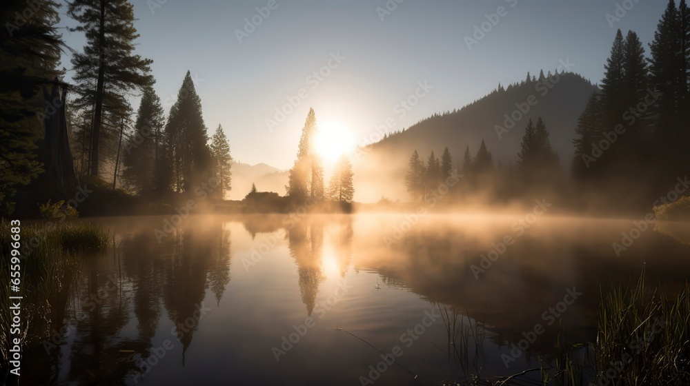Fototapeta premium Free Photo of A breathtaking sunrise over a serene mountain lake, with mist rising from the water, pine trees on the shore