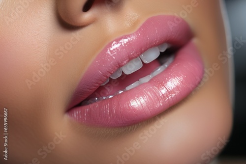 Permanent lip makeup. Background with selective focus and copy space