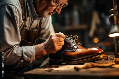 Shoe repair in a workshop. Background with selective focus and copy space