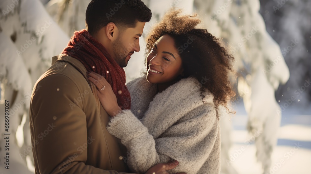 magic of a winter wonderland as an interracial couple shares a joyful moment surrounded by the serene beauty of a snow-covered forest. magic of a winter wonderland as an interracial couple shares a joyful moment surrounded by the serene beauty of a snow-covered forest.