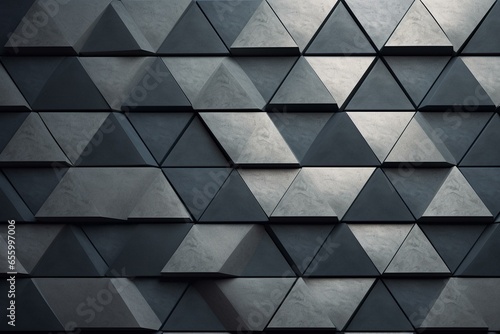 Arrangement of tiles forming a futuristic wall with a triangular concrete background made of 3D blocks. Generative AI