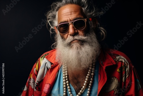 Portrait of an old man with a long white beard and mustache in a colorful shirt and sunglasses on a black background