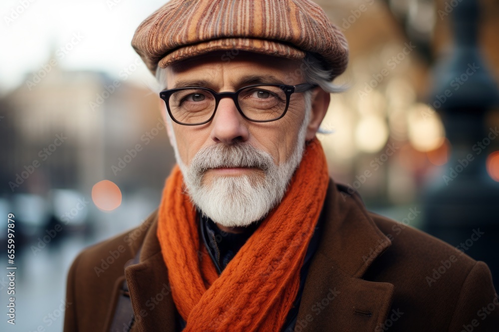 Portrait of a senior man with a white beard wearing a brown coat and a red scarf Portrait of a senior man with a white beard wearing a brown coat and a red scarf