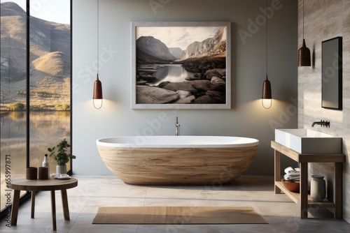 modern luxury scandinavian bathroom with light natural materials with modern art on the walls