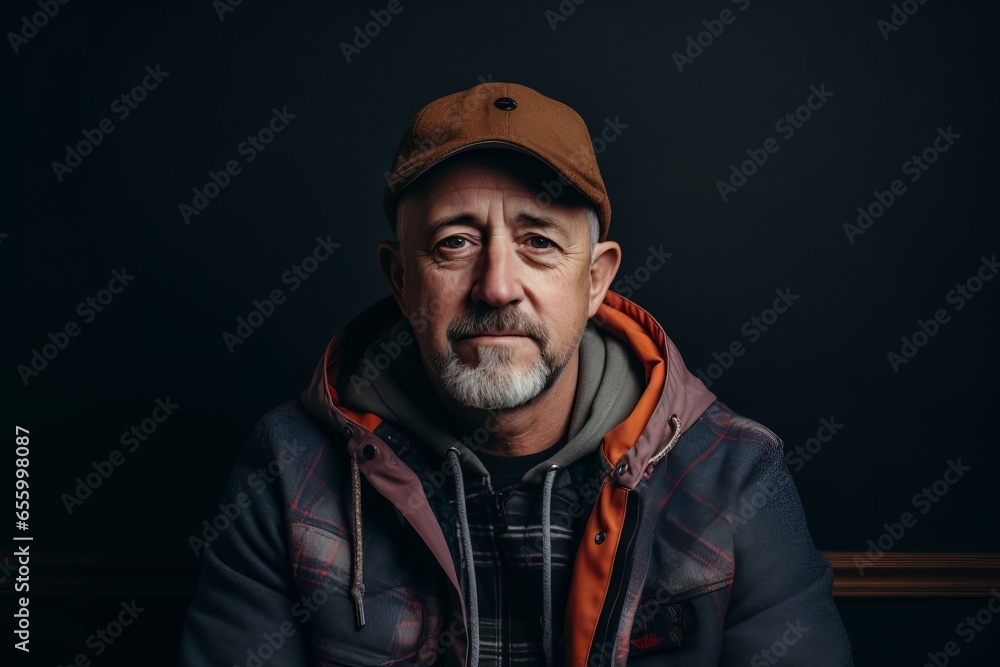Portrait of an old man in a cap and jacket on a dark background. Portrait of an old man in a cap and jacket on a dark background.