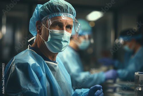 Portrait of a male doctor in uniform, mask, glasses. Laboratory. Microbiologist. Surgeon.