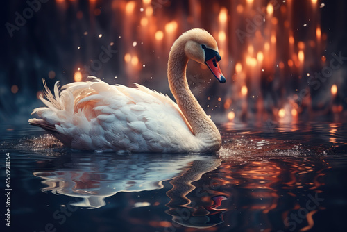 Fototapeta Naklejka Na Ścianę i Meble -  A beautiful swan swims on the water on a magical background.Wallpaper. Magic space fantasy postcard
