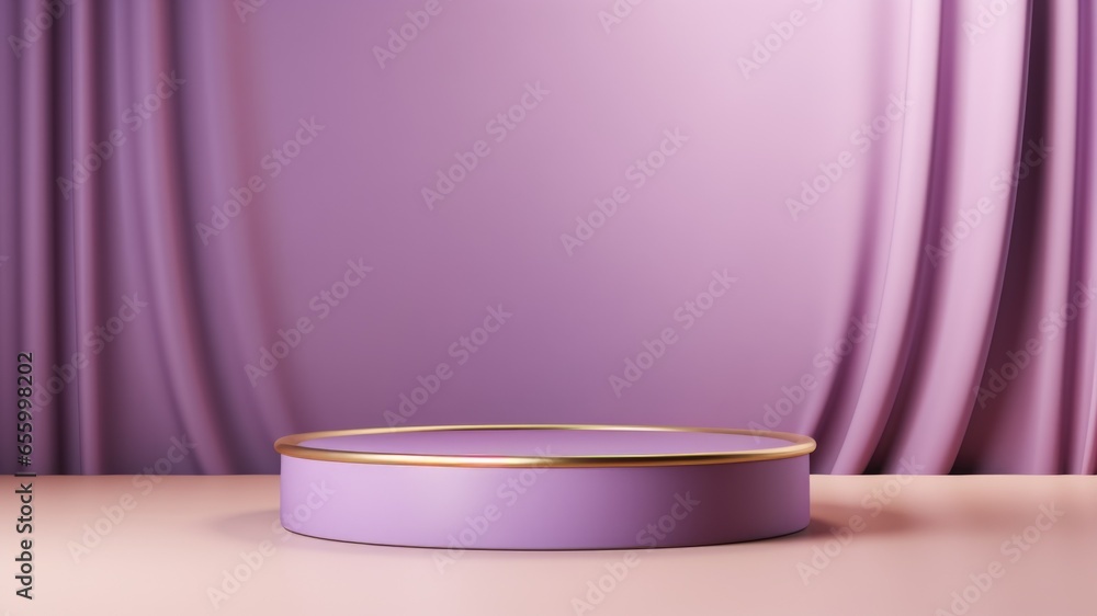 Luxurious lavender podium with gold lining with drapes and wall in background, Premium showcase mockup template for Beauty, Cosmetic, Luxury products, with copy space for text Luxurious lavender podium with gold lining with drapes and wall in background, Premium showcase mockup template for Beauty, Cosmetic, Luxury products, with copy space for text