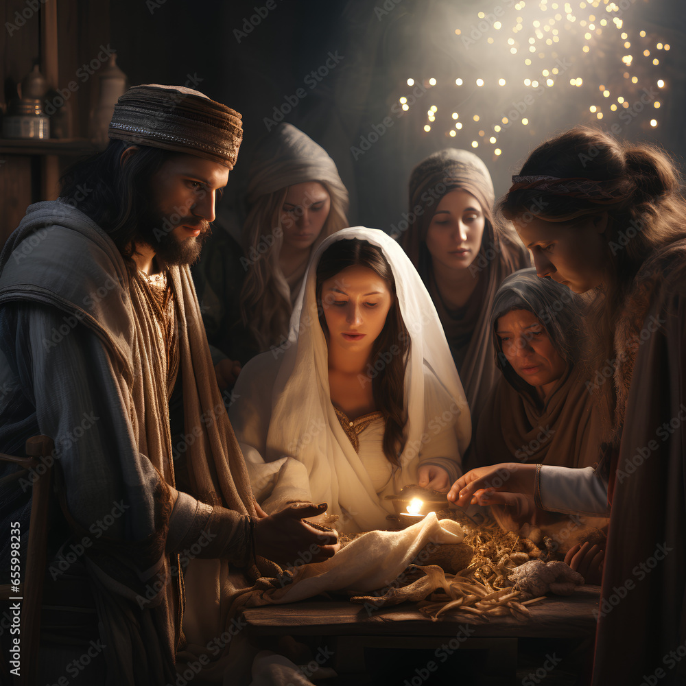 Fototapeta premium Medieval people gathered near the light and having a meeting
