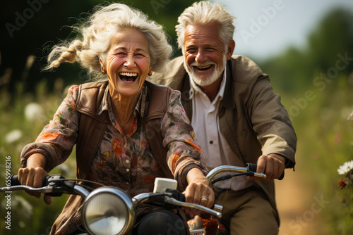 Happy mature couple riding bicycles in park.The concept of a healthy lifestyle, sports, active recreation.