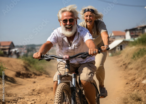 Happy mature couple riding bicycles in park.The concept of a healthy lifestyle  sports  active recreation.