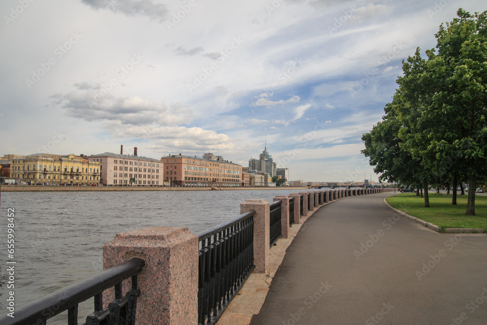 Embankment of the Neva River on a summer day, St. Petersburg, Russia.