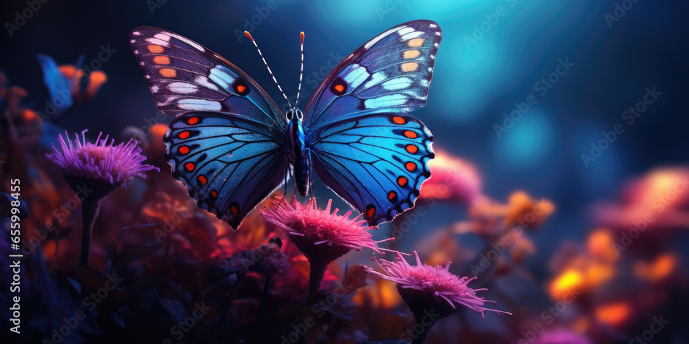 Beautiful glowing magical multi-colored butterfly on beautiful flowers. Fantasy. Animal Protection Day concept. Banner Beautiful glowing magical multi-colored butterfly on beautiful flowers. Fantasy. Animal Protection Day concept. Banner