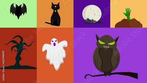 Funny Happy Halloween banner animation, 4k horizontal design. Trick or treat lettering card, motion graphics. Owl, cat, spooky, moon, bat and monster hand illustrations with colorful background.  (ID: 655998411)