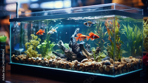 Aquarium fish Guppy swim among algae and stones, corrals and underwater plants in an aquarium photo