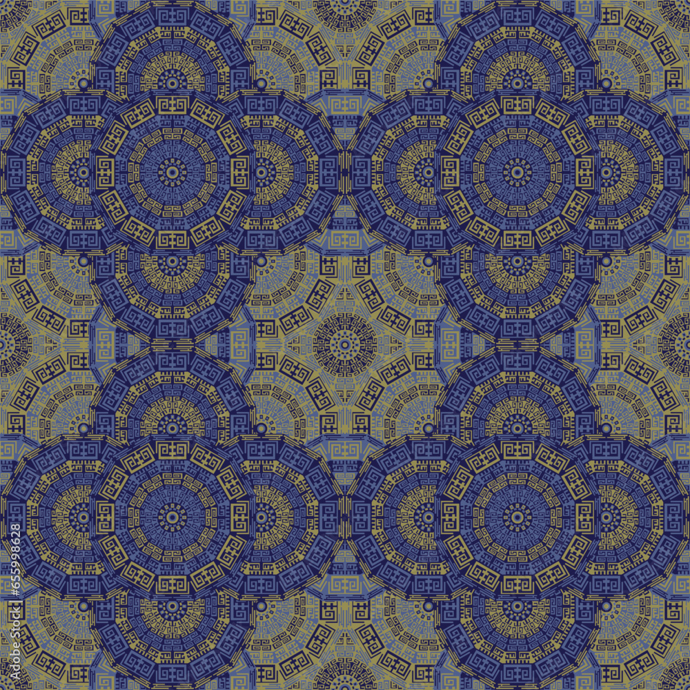 Greek style ornament floor tiles pattern vector graphic design. Seamless ornament in greek style and blue and brown colors.