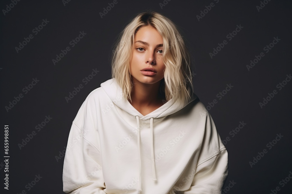 Portrait of a beautiful young woman in a white hoodie. Portrait of a beautiful young woman in a white hoodie.