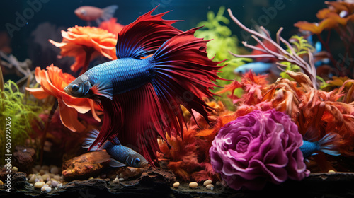 Aquarium Siamese fighting fish swim among algae and stones  corrals and underwater plants in an aquarium