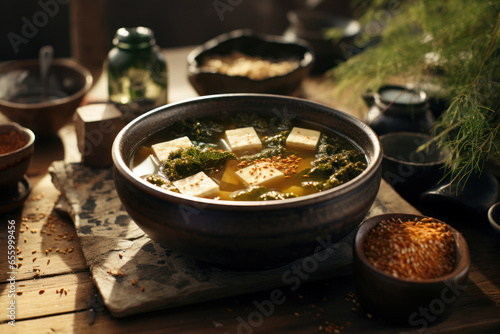 A bowl of miso soup with tofu and seaweed, a staple of Japanese meals. Concept of Japanese comfort food. Generative Ai.