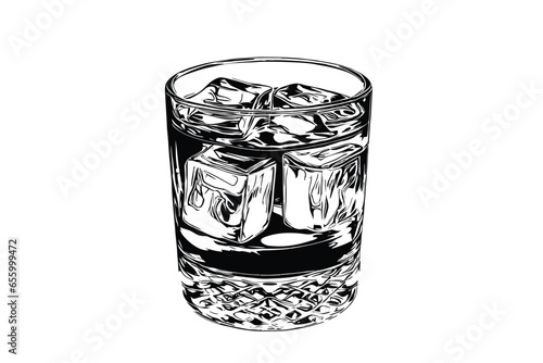 Icy Elegance: A Crystal Whiskey Glass with Glistening Ice Cubes - Vector Illustration