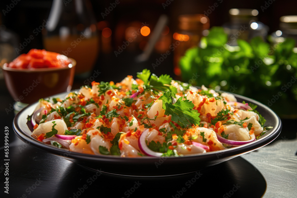 A plate of ceviche, a Peruvian dish of fresh seafood marinated in citrus juices, with onions and cilantro. Concept of Peruvian seafood cuisine. Generative Ai. A plate of ceviche, a Peruvian dish of fresh seafood marinated in citrus juices, with onions and cilantro. Concept of Peruvian seafood cuisine. Generative Ai.