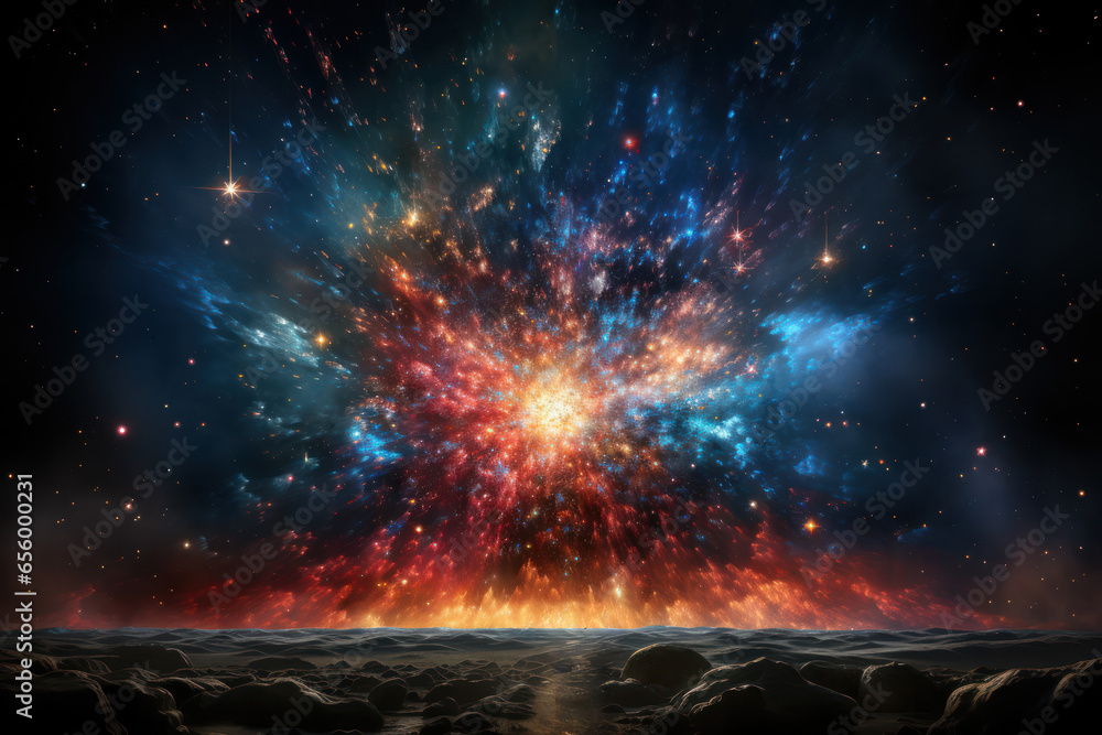 An artist's rendering of the Big Bang, symbolizing the birth of the universe and the expansion of space and time. Generative Ai.