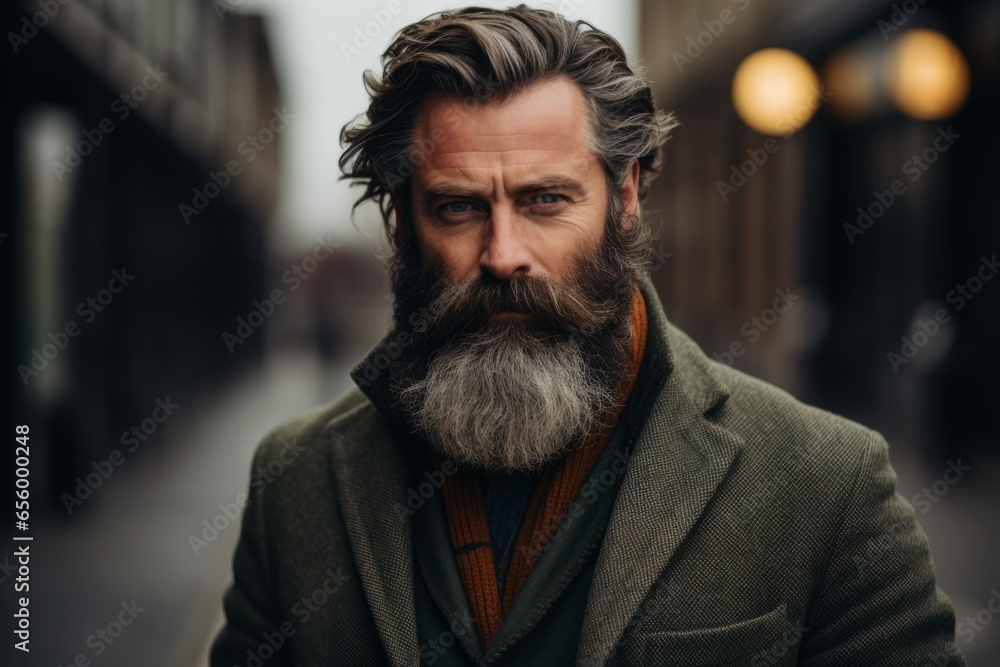 Portrait of a handsome bearded man with long gray beard and mustache in a green coat on a city street. Portrait of a handsome bearded man with long gray beard and mustache in a green coat on a city street.