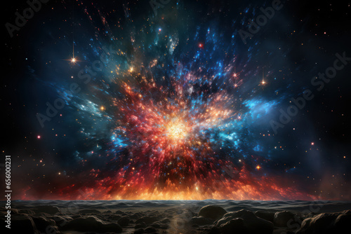 An artist's rendering of the Big Bang, symbolizing the birth of the universe and the expansion of space and time. Generative Ai.