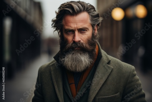 Portrait of a handsome bearded man with long gray beard and mustache in a green coat on a city street.