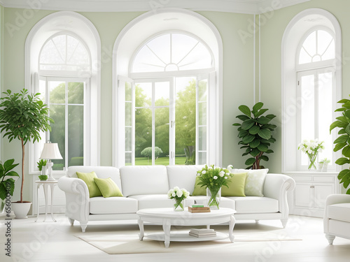 White interior with green plants. AI