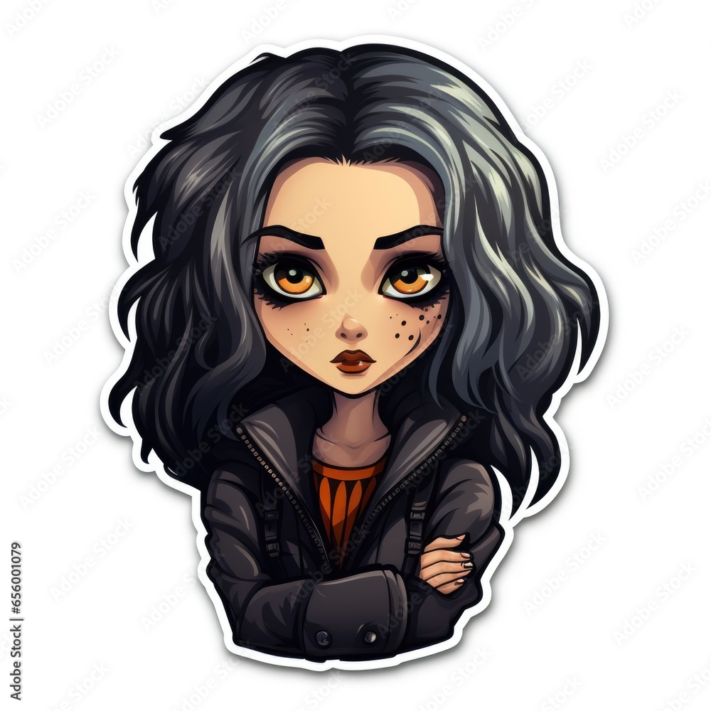 A sticker of a woman with long hair. Digital art. Goth character cartoon.