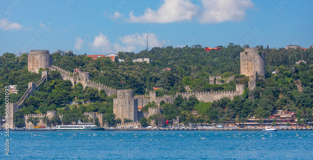 Istanbul, Turkey, 23.07.2017, images of swimmers of the Bosphorus Intercontinental Swimming Competition on the Bosphorus with the Rumeli Fortress in the background