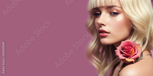 Portrait of a beautiful young blonde girl with a pink rose in hands on a pink background. Generative AI.
