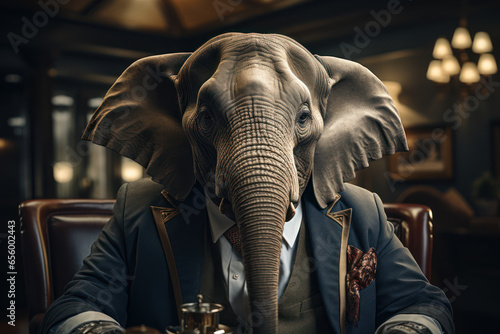 A wise elephant as a financial advisor, helping animals plan for their future financial well-being. Generative Ai.
