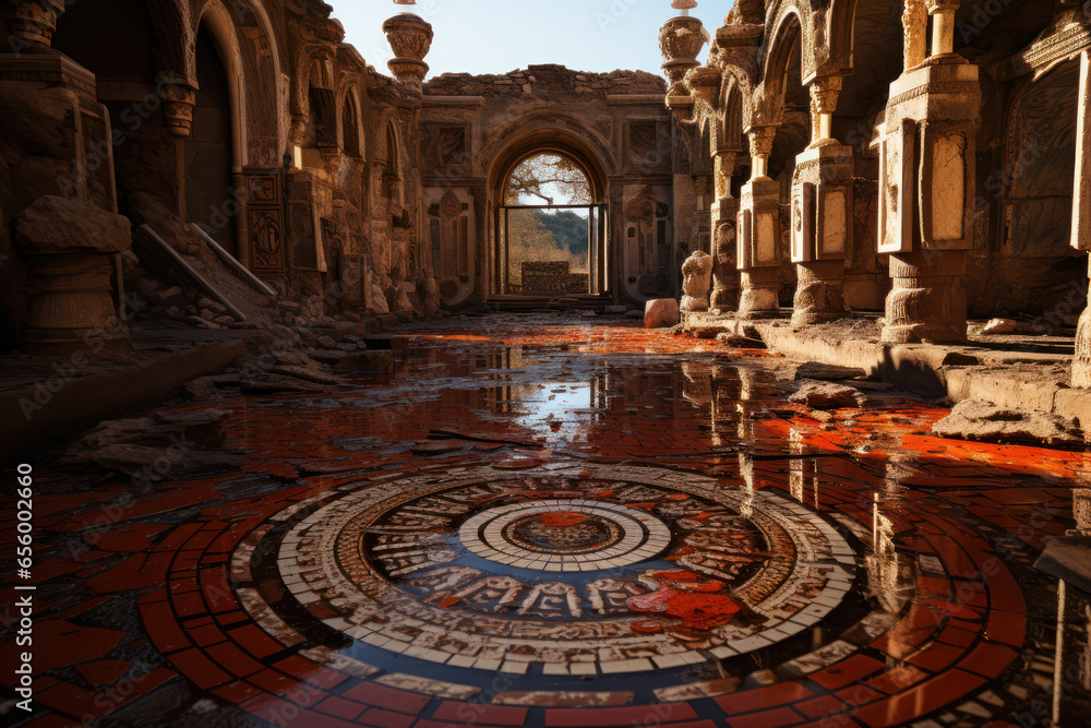 Obraz premium Elaborate mosaic flooring in the ruins of an ancient villa, revealing intricate patterns from the past. Generative Ai.