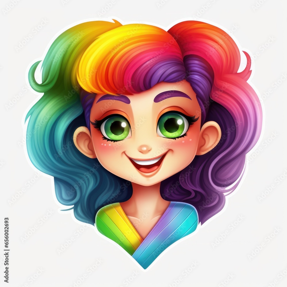 A cartoon girl with rainbow hair and green eyes. Digital art. Cute rainbow sticker. A cartoon girl with rainbow hair and green eyes. Digital art. Cute rainbow sticker.