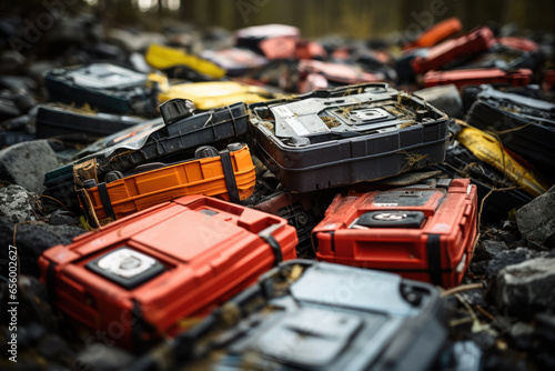 Used deteriorated electric batteries for cars, a dump of broken batteries, the problem of disposal and recycling of batteries for electric cars