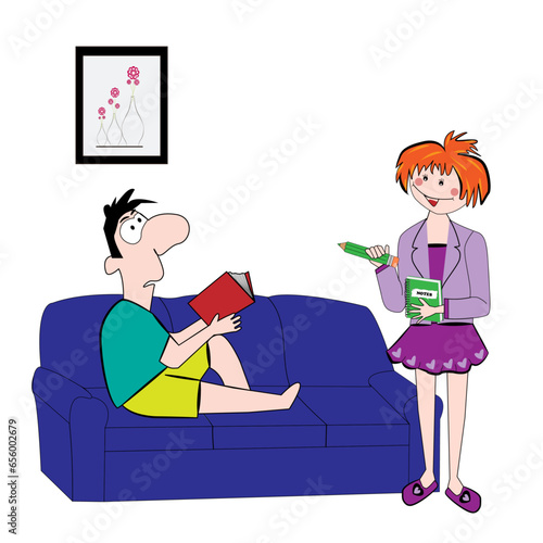 Hombre leyendo en sofá y mujer con cuaderno y láliz.