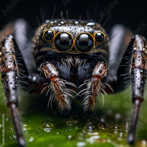 Spider, photography, black, eight-legged, predatory, on a dew-kissed web, eerie, morning mist light, muted grays and blacks Generative AI © yuniazizah