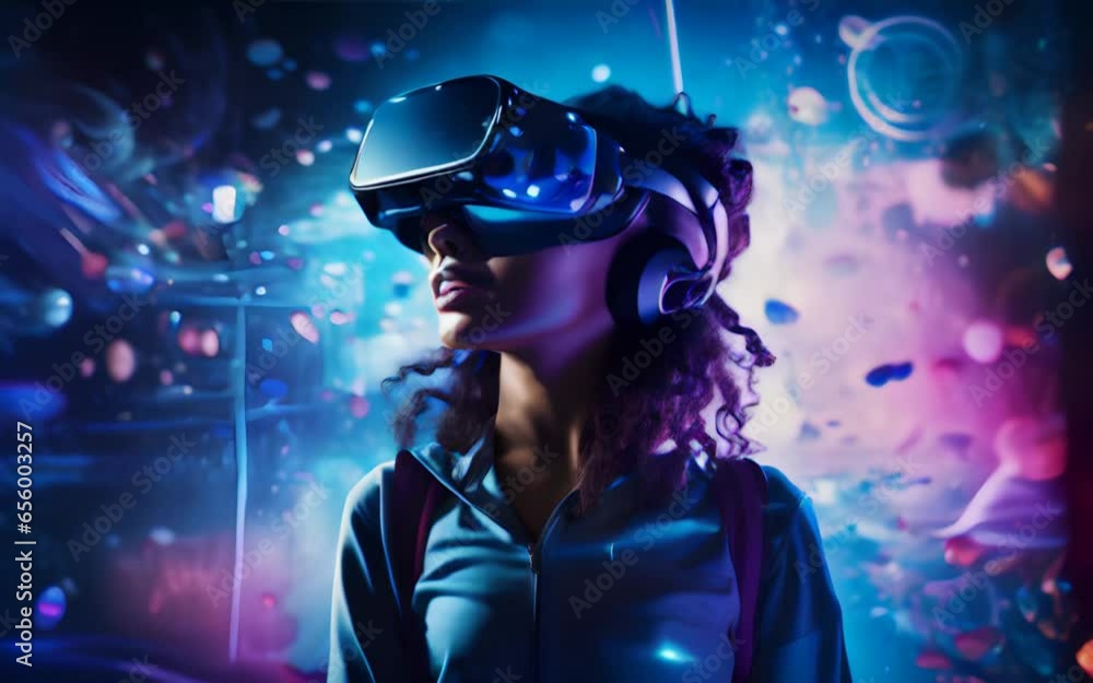 a woman wearing virtual reality glasses in the middle of a cyberspace. The concept of artificial intelligence and innovative technologies. Generative AI a woman wearing virtual reality glasses in the middle of a cyberspace. The concept of artificial intelligence and innovative technologies. Generative AI